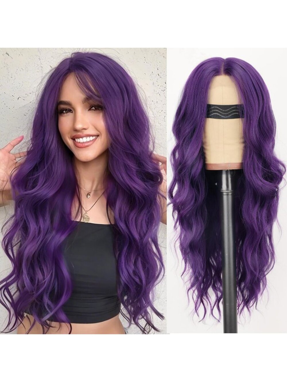 Women's Dark Purple Lace Hairline 26 Inch Synthetic Heat Resistant Wavy Wigs